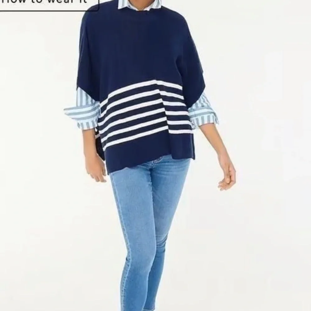 J.Crew Navy Blue Stripe Knit Poncho | One Size